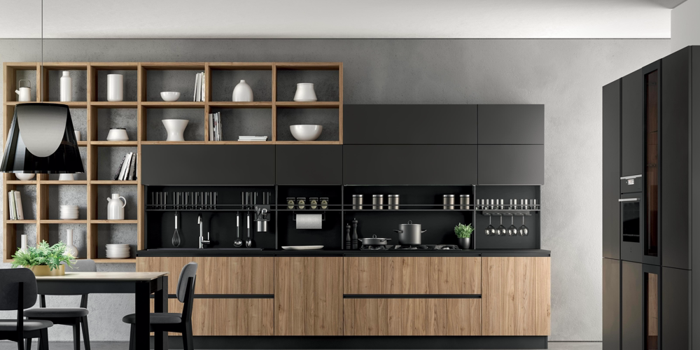 Cucina componibile laccata in derivati del legno in stile moderno con